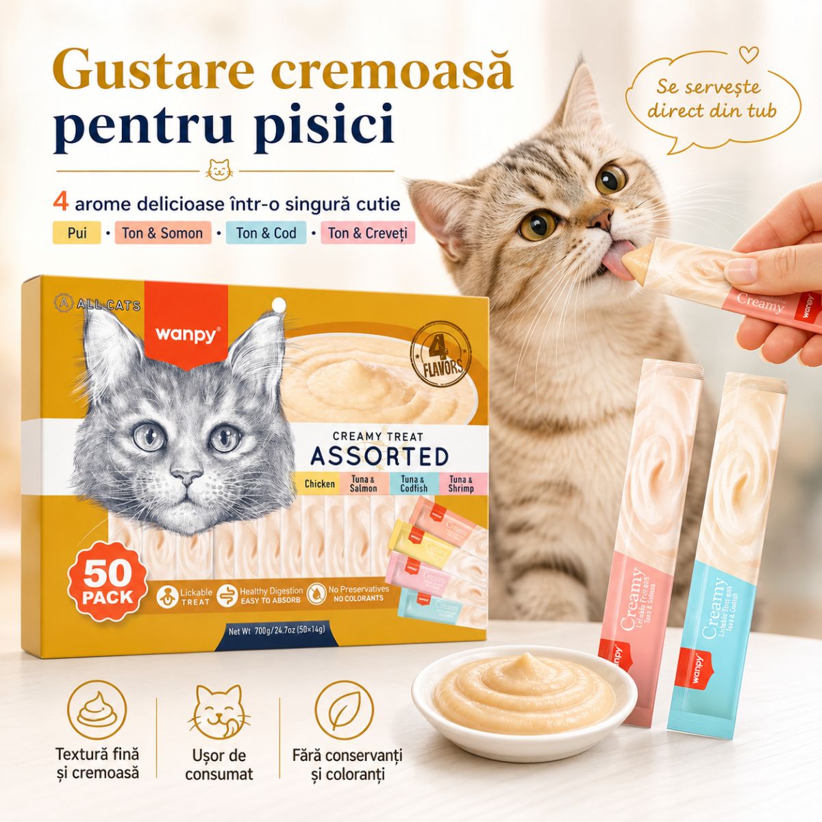 WANPY Creamy Treat Assorted, Pui și Ton, punguță recompense pisici, (piure), 350g
